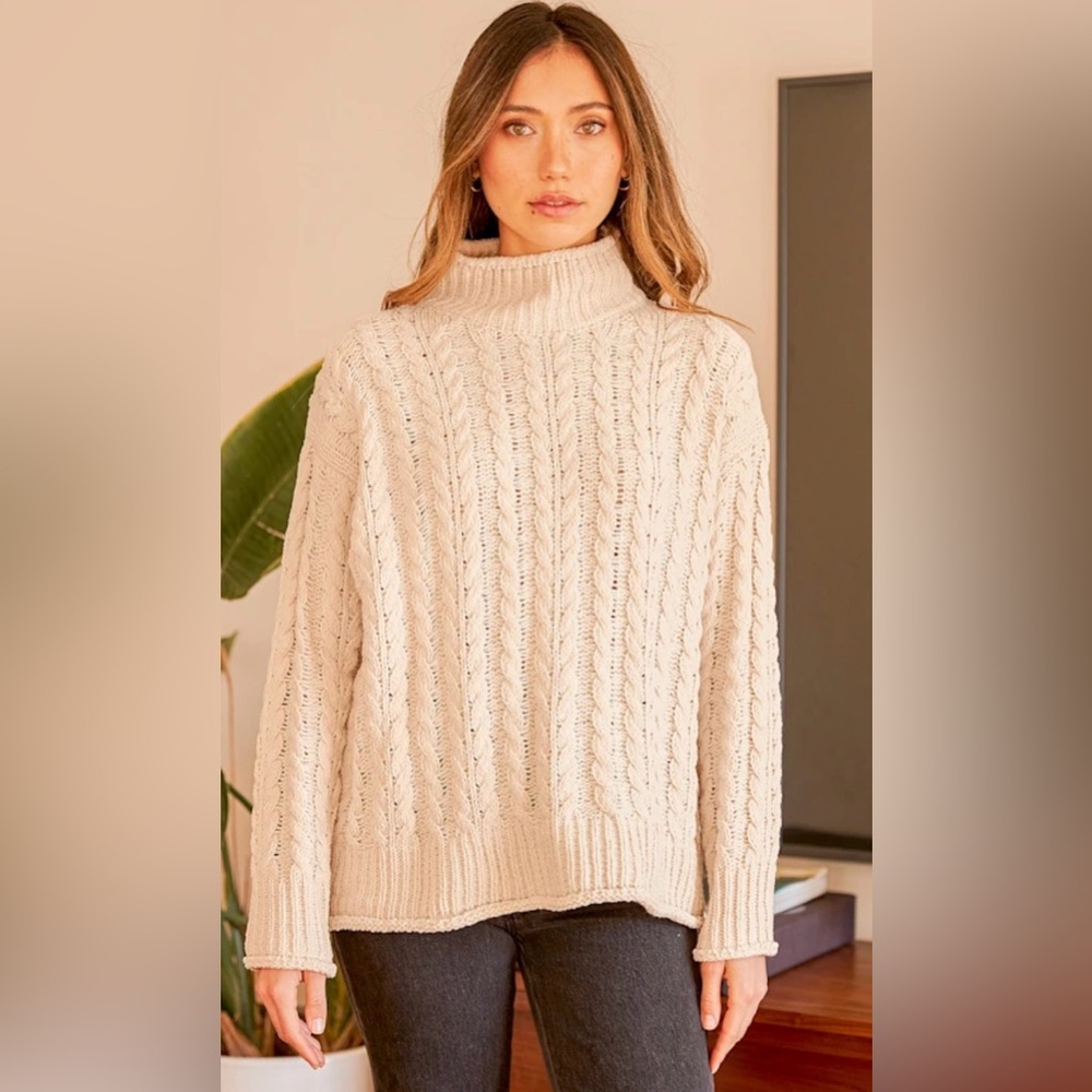 Lulus Cozy Cream Cable loose Knit Oversized Turtleneck Sweater Small